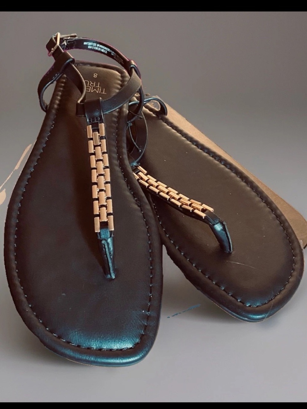NWT Time And Tru Sandals Black Thong Gladiator Gold T-Strap Flat Walmart Size 8